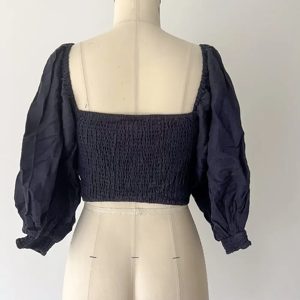 Posse Womens SMALL Black Linen Ivy Blouse Smocked Ruched Cropped Puff Sleeve - Picture 5 of 10